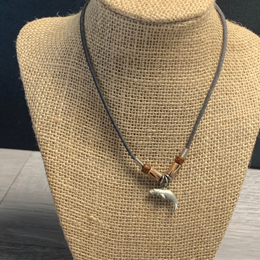 Vintage Manatee Pendant Necklace Black Cord Beaded Sea Cow Charm 14 Inch